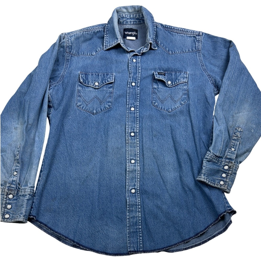 Wrangler Men's Western Shirt L Blue Denim Pearl Snap Long Sleeve Cowboy